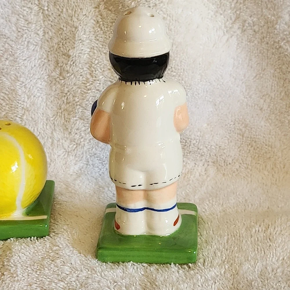 Vintage OCI Omnibus Ceramic Tennis Player and Ball Salt and Pepper Shaker Set